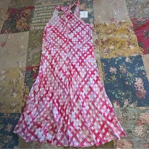 CHLOE KRISTYN Elegant Pink White Check Midi Dress Women's L NWT